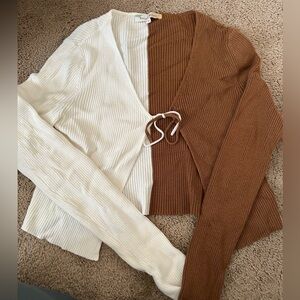 Two-Tone Tie-Front Ribbed Cardigan - Cream & Brown